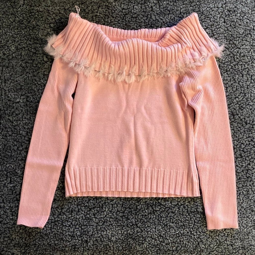 Womens CABO Cowl Neck Chunky Knit Pastel Pink Fur Pit Sweater Size PS